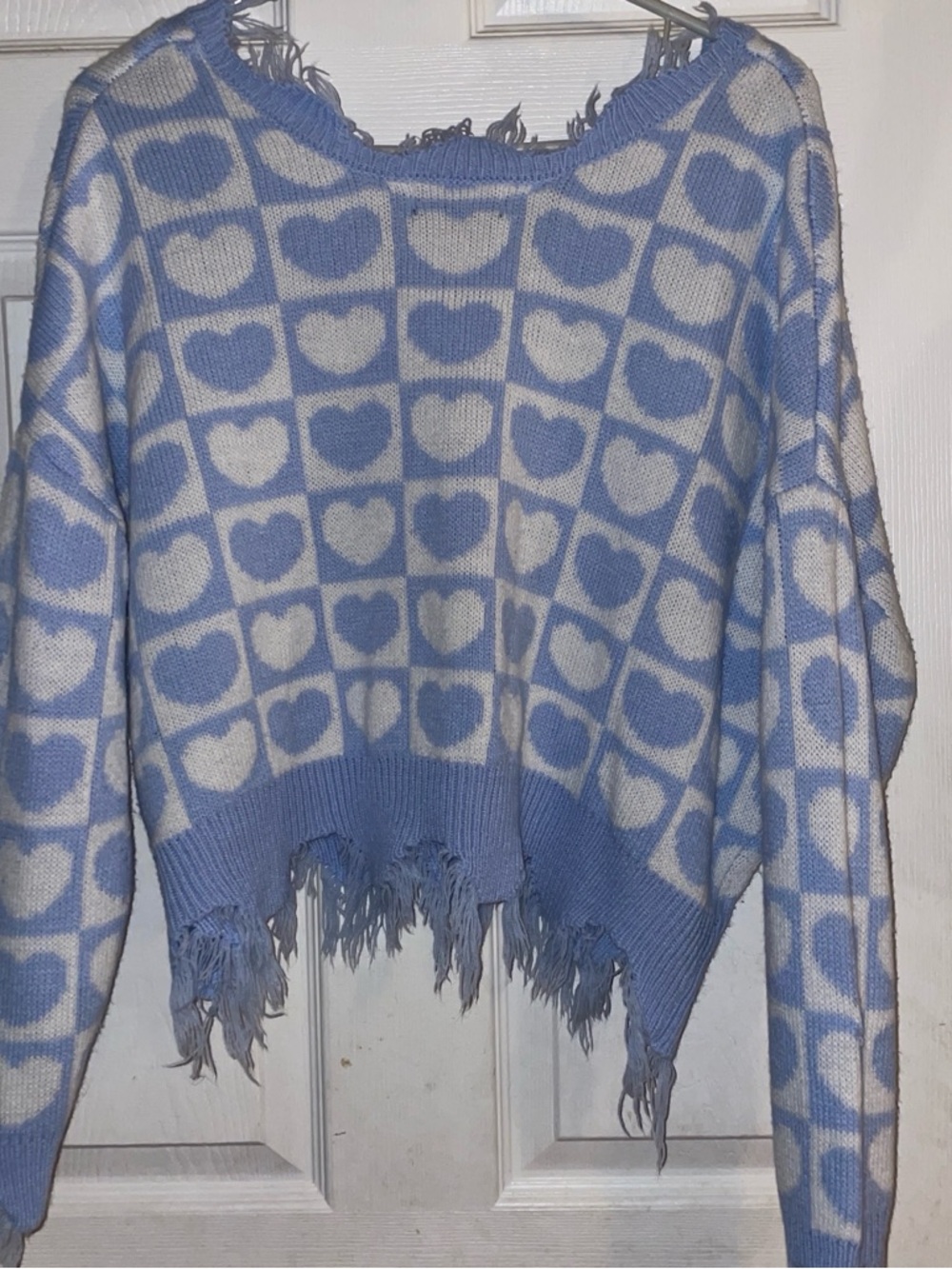 Blue and White Heart-Pattern Cropped Sweater
